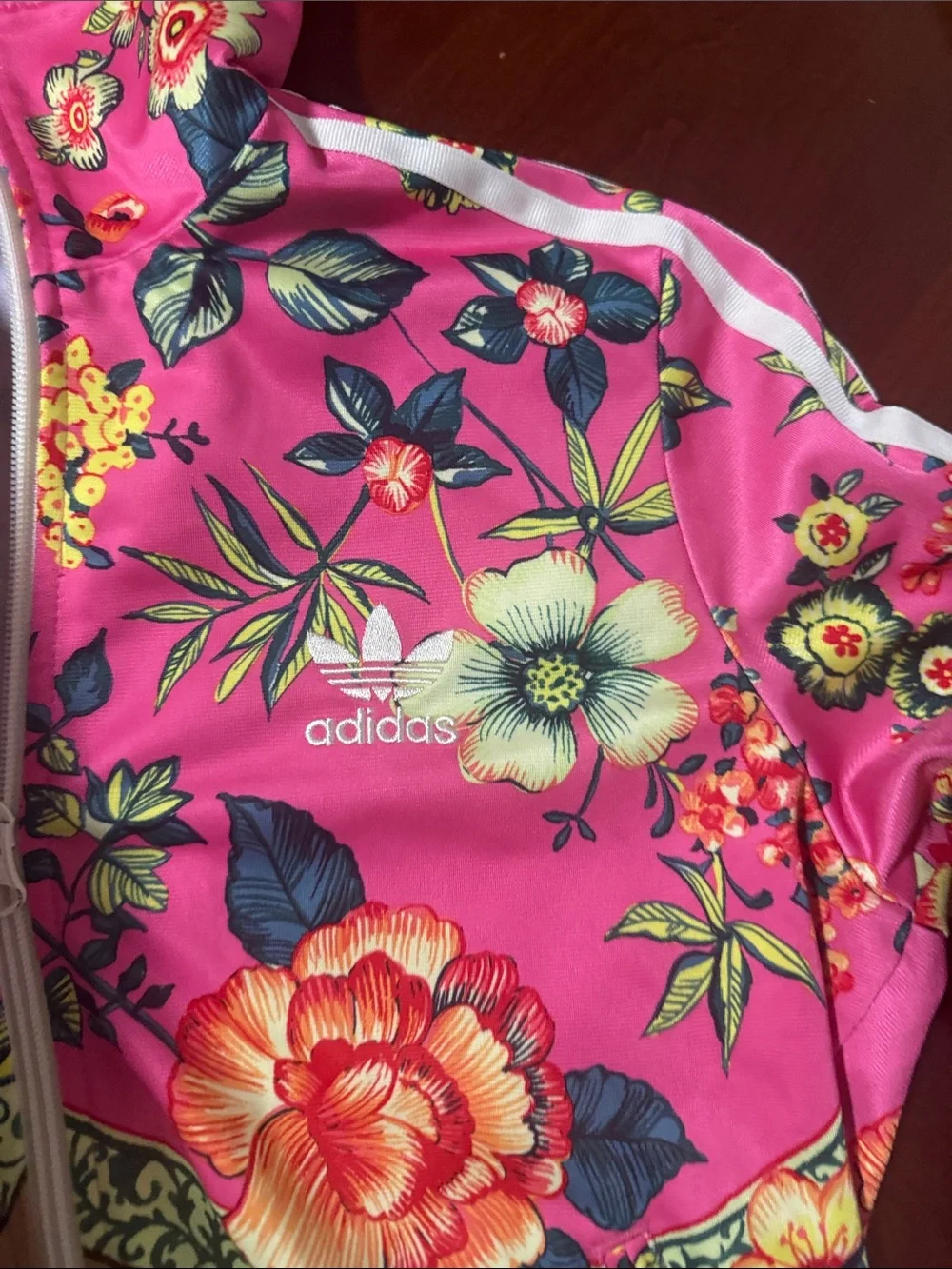 Farm rio x adidas Pink Floral Track Jacket with Tan Panels Sz S - Picture 10 of 14